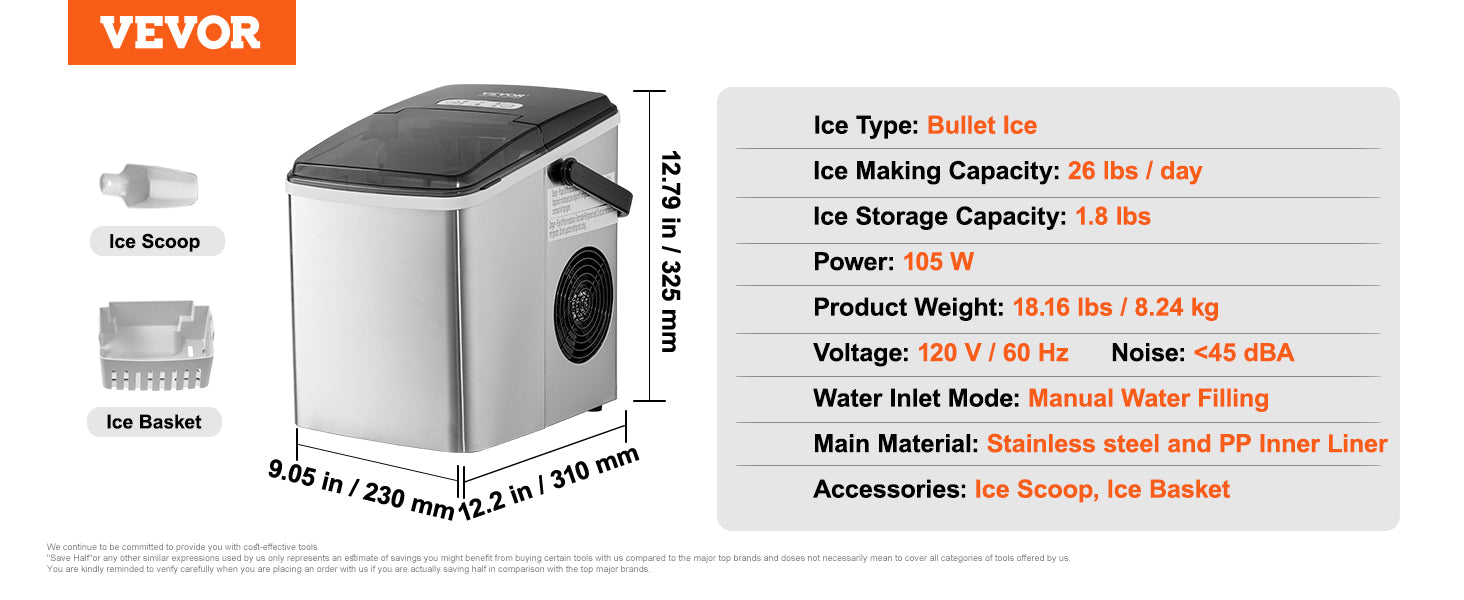 This Countertop Ice Maker, 9 Cubes Ready in 7 Mins, 26lbs in 24Hrs, Self-Cleaning Portable Ice Maker with Ice Scoop and Basket, Stainless Steel Ice Machine with 2 Size Bullet Ice for Home Kitchen Bar