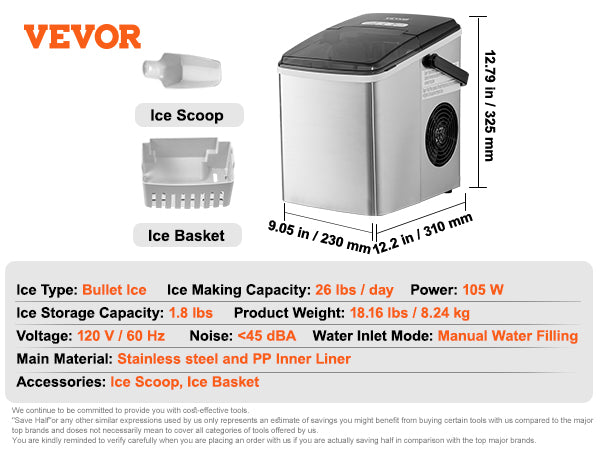 This Countertop Ice Maker, 9 Cubes Ready in 7 Mins, 26lbs in 24Hrs, Self-Cleaning Portable Ice Maker with Ice Scoop and Basket, Stainless Steel Ice Machine with 2 Size Bullet Ice for Home Kitchen Bar