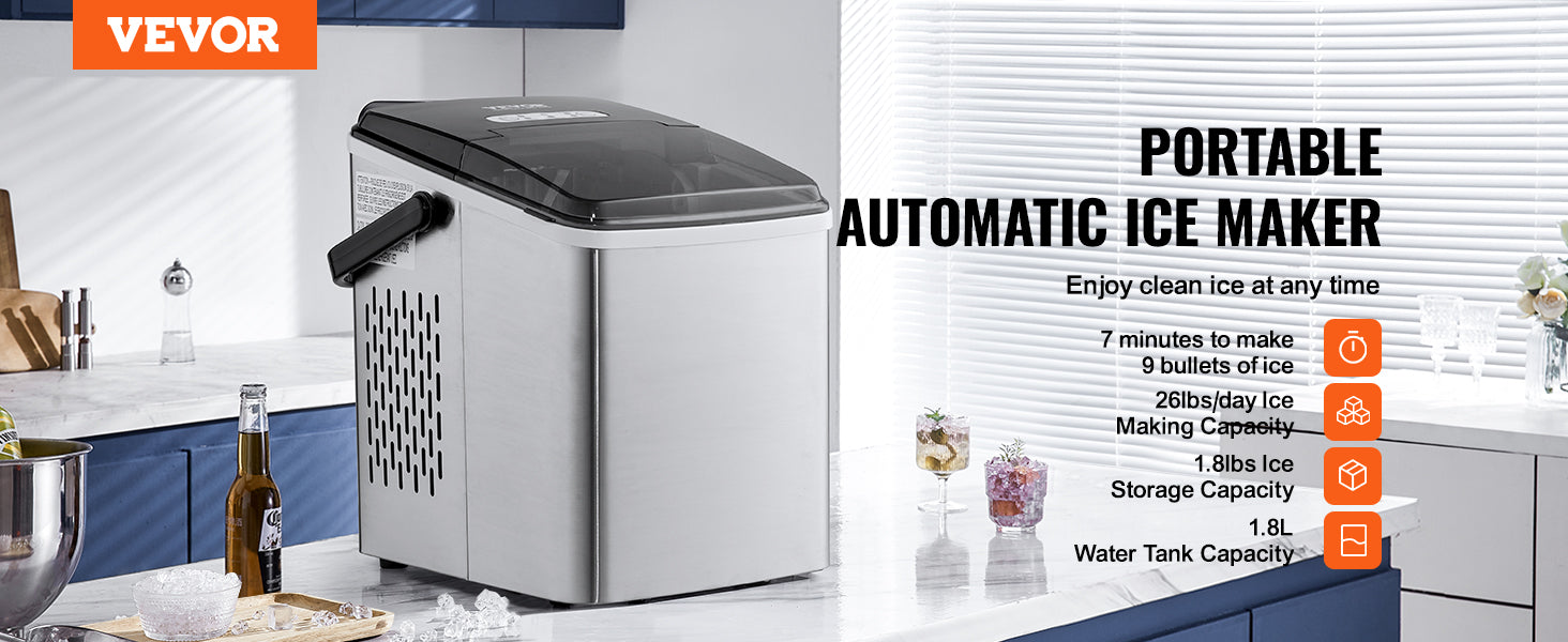 This Countertop Ice Maker, 9 Cubes Ready in 7 Mins, 26lbs in 24Hrs, Self-Cleaning Portable Ice Maker with Ice Scoop and Basket, Stainless Steel Ice Machine with 2 Size Bullet Ice for Home Kitchen Bar