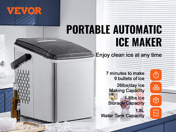 This Countertop Ice Maker, 9 Cubes Ready in 7 Mins, 26lbs in 24Hrs, Self-Cleaning Portable Ice Maker with Ice Scoop and Basket, Stainless Steel Ice Machine with 2 Size Bullet Ice for Home Kitchen Bar