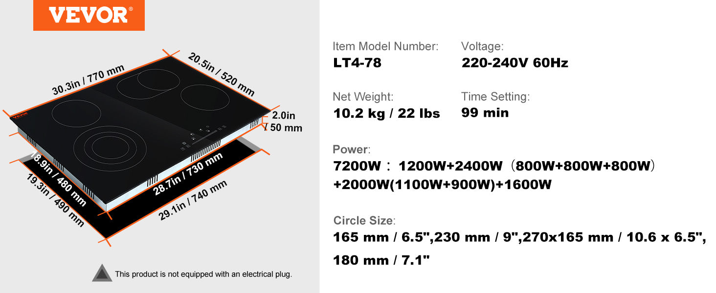 This Built in Electric Stove Top, 30.3 x 20.5 inch 4 Burners, 240V Glass Radiant Cooktop with Sensor Touch Control, Timer & Child Lock Included, 9 Power Levels for Simmer Steam Slow Cook Fry