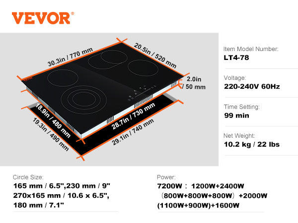 This Built in Electric Stove Top, 30.3 x 20.5 inch 4 Burners, 240V Glass Radiant Cooktop with Sensor Touch Control, Timer & Child Lock Included, 9 Power Levels for Simmer Steam Slow Cook Fry