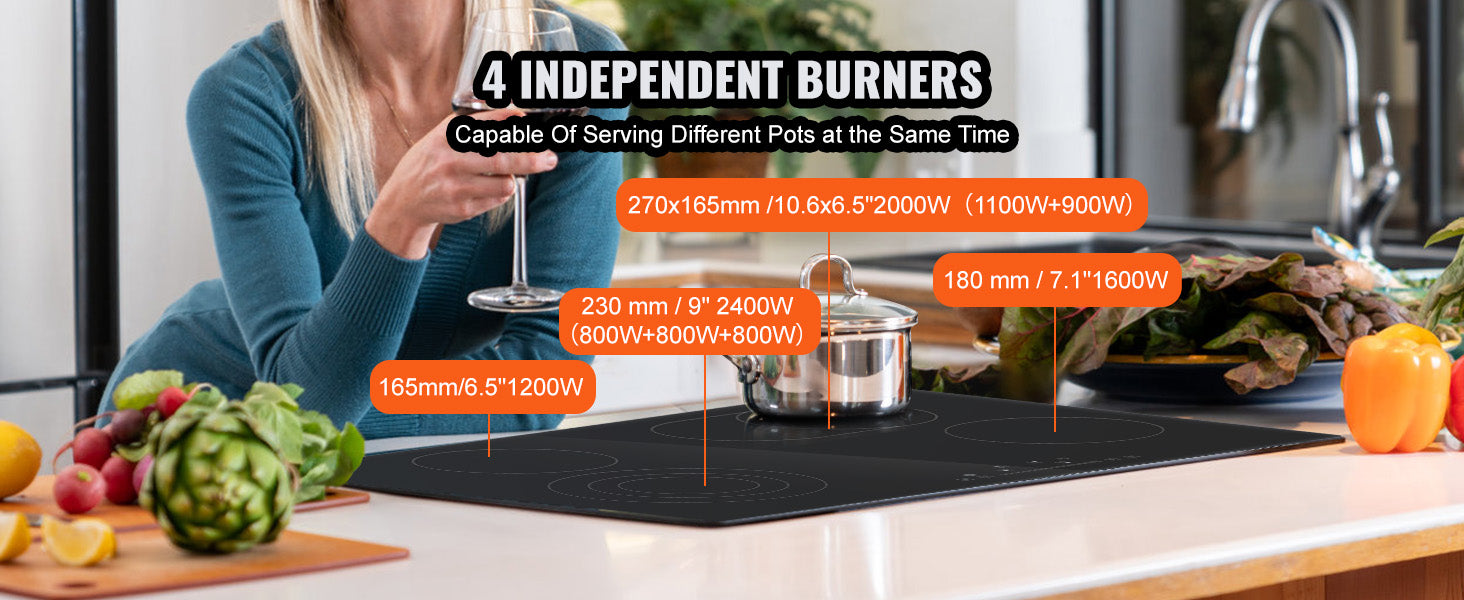 This Built in Electric Stove Top, 30.3 x 20.5 inch 4 Burners, 240V Glass Radiant Cooktop with Sensor Touch Control, Timer & Child Lock Included, 9 Power Levels for Simmer Steam Slow Cook Fry