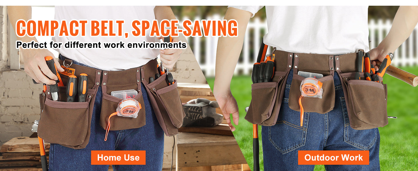 This 13 Pockets Tool Belt, Adjusts from 29 Inches to 54 Inches, Leather Heavy Duty Tool Pouch Bag with Dual Hammer Loops, Tool Bag for Electrician, Carpenter, Handyman, Construction, Framer, Brown