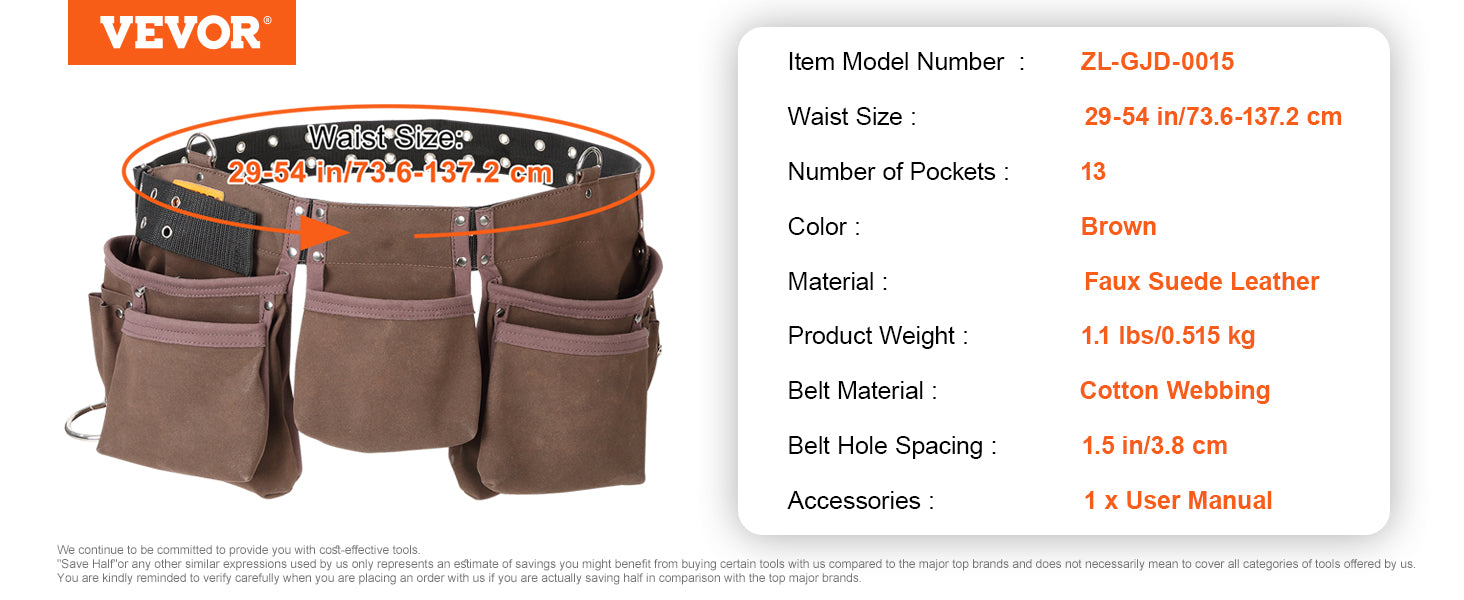 This 13 Pockets Tool Belt, Adjusts from 29 Inches to 54 Inches, Leather Heavy Duty Tool Pouch Bag with Dual Hammer Loops, Tool Bag for Electrician, Carpenter, Handyman, Construction, Framer, Brown