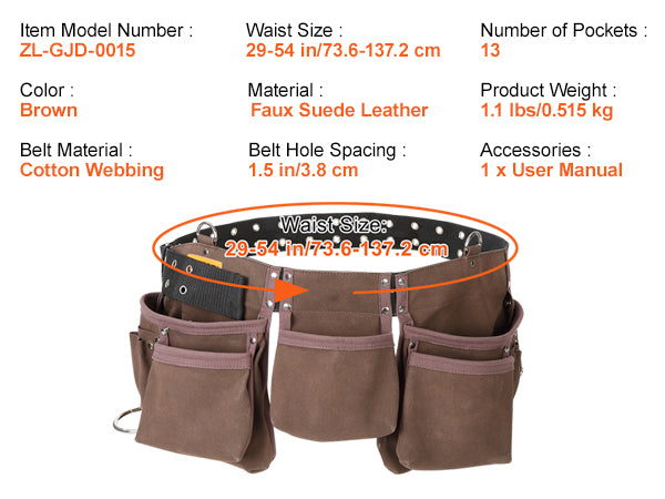 This 13 Pockets Tool Belt, Adjusts from 29 Inches to 54 Inches, Leather Heavy Duty Tool Pouch Bag with Dual Hammer Loops, Tool Bag for Electrician, Carpenter, Handyman, Construction, Framer, Brown