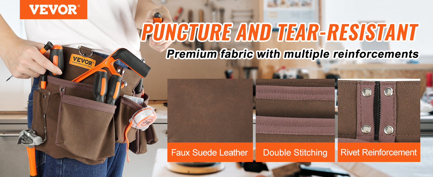 This 13 Pockets Tool Belt, Adjusts from 29 Inches to 54 Inches, Leather Heavy Duty Tool Pouch Bag with Dual Hammer Loops, Tool Bag for Electrician, Carpenter, Handyman, Construction, Framer, Brown