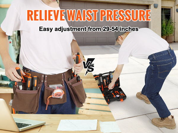 This 13 Pockets Tool Belt, Adjusts from 29 Inches to 54 Inches, Leather Heavy Duty Tool Pouch Bag with Dual Hammer Loops, Tool Bag for Electrician, Carpenter, Handyman, Construction, Framer, Brown
