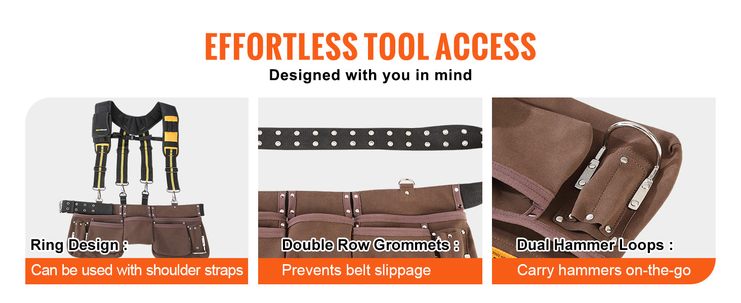 This 13 Pockets Tool Belt, Adjusts from 29 Inches to 54 Inches, Leather Heavy Duty Tool Pouch Bag with Dual Hammer Loops, Tool Bag for Electrician, Carpenter, Handyman, Construction, Framer, Brown