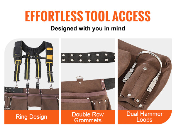 This 13 Pockets Tool Belt, Adjusts from 29 Inches to 54 Inches, Leather Heavy Duty Tool Pouch Bag with Dual Hammer Loops, Tool Bag for Electrician, Carpenter, Handyman, Construction, Framer, Brown