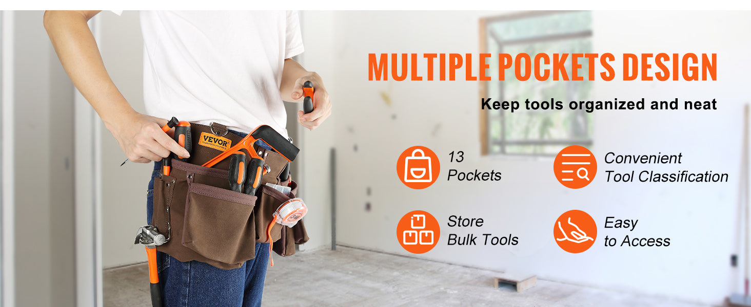 This 13 Pockets Tool Belt, Adjusts from 29 Inches to 54 Inches, Leather Heavy Duty Tool Pouch Bag with Dual Hammer Loops, Tool Bag for Electrician, Carpenter, Handyman, Construction, Framer, Brown