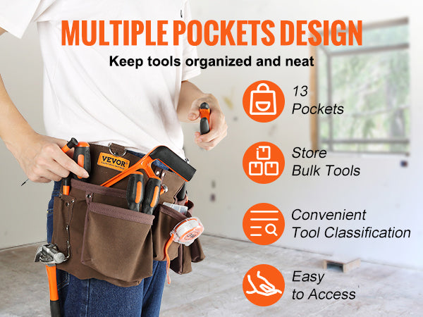 This 13 Pockets Tool Belt, Adjusts from 29 Inches to 54 Inches, Leather Heavy Duty Tool Pouch Bag with Dual Hammer Loops, Tool Bag for Electrician, Carpenter, Handyman, Construction, Framer, Brown