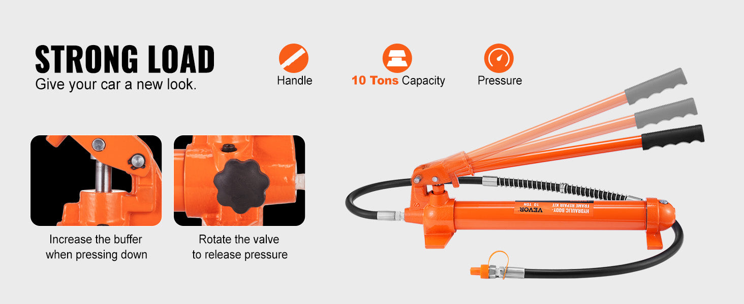 This 10 Ton Porta Power Kit, Hydraulic Ram with Pump, Car Jack with 4.6 ft/1.4 m Oil Hose, Bent Frame Repair Tool with Storage Case for Automotive, Garage, Heavy Equipment, Mechanic (22046 LBS)