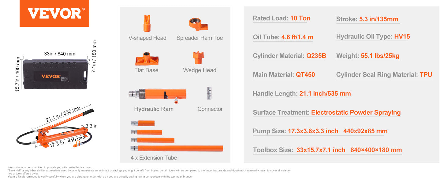 This 10 Ton Porta Power Kit, Hydraulic Ram with Pump, Car Jack with 4.6 ft/1.4 m Oil Hose, Bent Frame Repair Tool with Storage Case for Automotive, Garage, Heavy Equipment, Mechanic (22046 LBS)