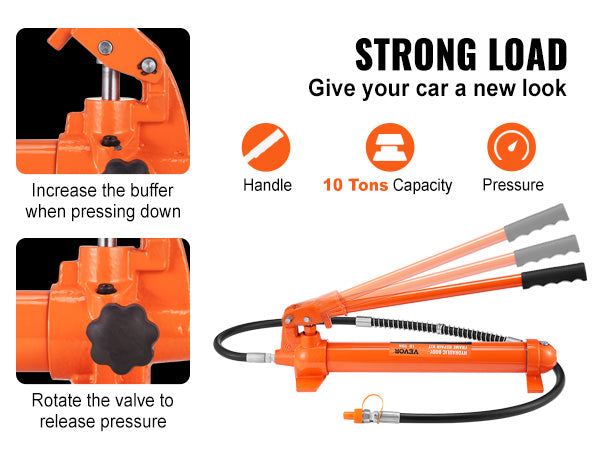 This 10 Ton Porta Power Kit, Hydraulic Ram with Pump, Car Jack with 4.6 ft/1.4 m Oil Hose, Bent Frame Repair Tool with Storage Case for Automotive, Garage, Heavy Equipment, Mechanic (22046 LBS)
