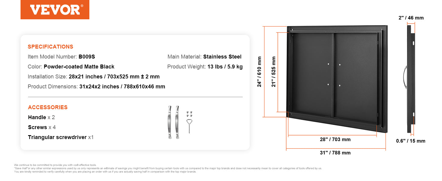This BBQ Access Door, 31W x 24H Inch Double Outdoor Kitchen Door, Cold Plate Flush Mount Door, Wall Vertical Door with Handles, for BBQ Island, Grilling Station, Outside Cabinet