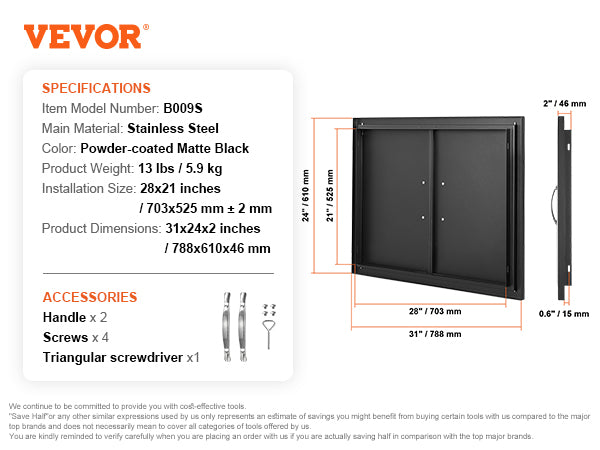 This BBQ Access Door, 31W x 24H Inch Double Outdoor Kitchen Door, Cold Plate Flush Mount Door, Wall Vertical Door with Handles, for BBQ Island, Grilling Station, Outside Cabinet