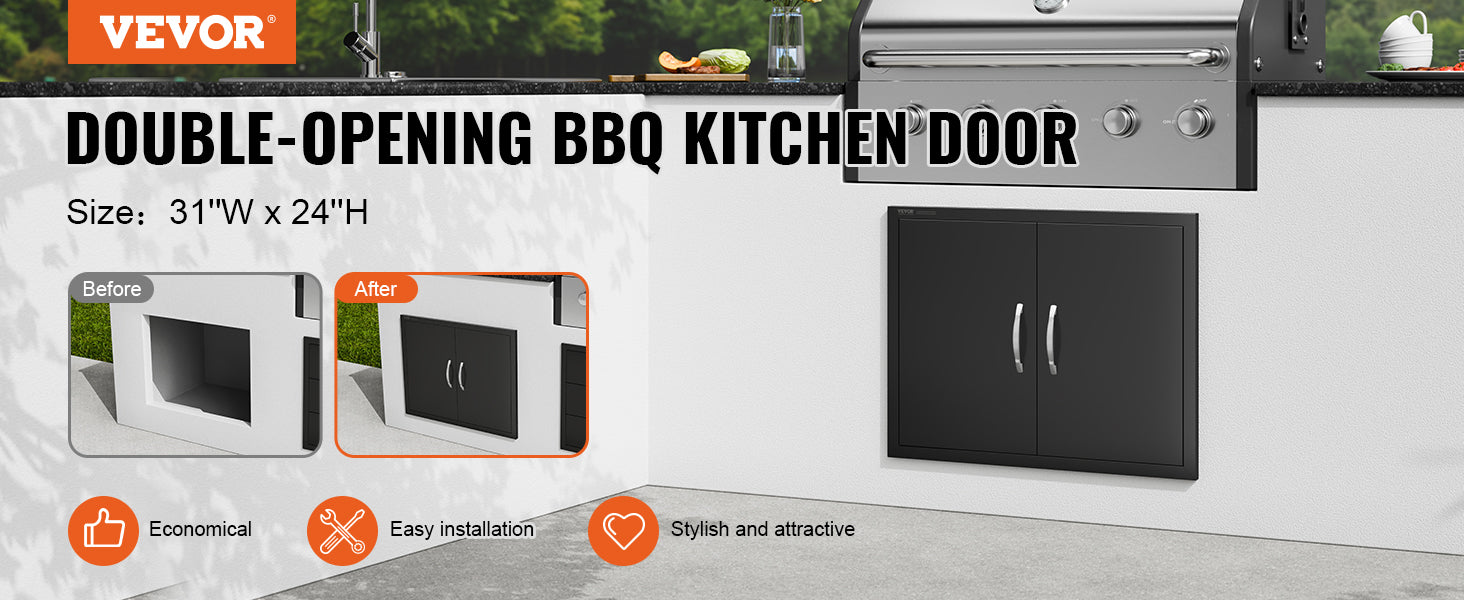 This BBQ Access Door, 31W x 24H Inch Double Outdoor Kitchen Door, Cold Plate Flush Mount Door, Wall Vertical Door with Handles, for BBQ Island, Grilling Station, Outside Cabinet