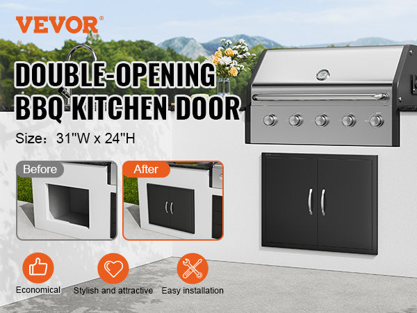 This BBQ Access Door, 31W x 24H Inch Double Outdoor Kitchen Door, Cold Plate Flush Mount Door, Wall Vertical Door with Handles, for BBQ Island, Grilling Station, Outside Cabinet