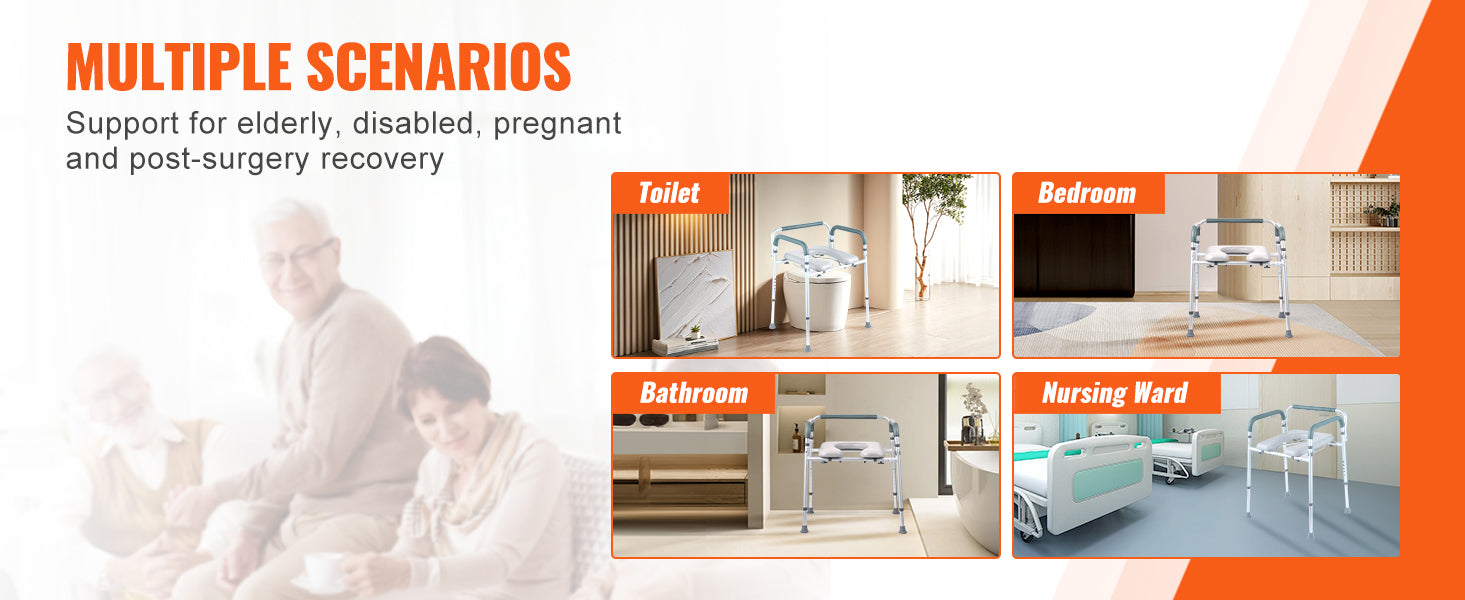 This Commode Chair, Bedside Commode with Padded Seat and Arms, 7-Level Adjustable Height, 5.8L Removable Bucket, Easy to Assemble, 350 LBS Capacity, Raised Toilet Seat for Adults Seniors