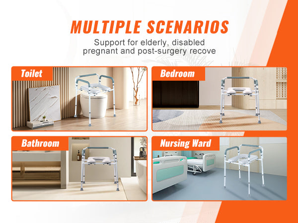 This Commode Chair, Bedside Commode with Padded Seat and Arms, 7-Level Adjustable Height, 5.8L Removable Bucket, Easy to Assemble, 350 LBS Capacity, Raised Toilet Seat for Adults Seniors