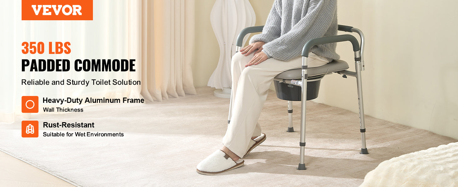 This Commode Chair, Bedside Commode with Padded Seat and Arms, 7-Level Adjustable Height, 5.8L Removable Bucket, Easy to Assemble, 350 LBS Capacity, Raised Toilet Seat for Adults Seniors