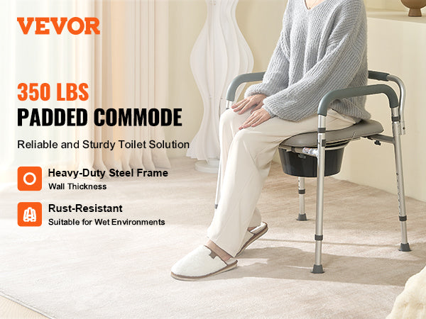This Commode Chair, Bedside Commode with Padded Seat and Arms, 7-Level Adjustable Height, 5.8L Removable Bucket, Easy to Assemble, 350 LBS Capacity, Raised Toilet Seat for Adults Seniors