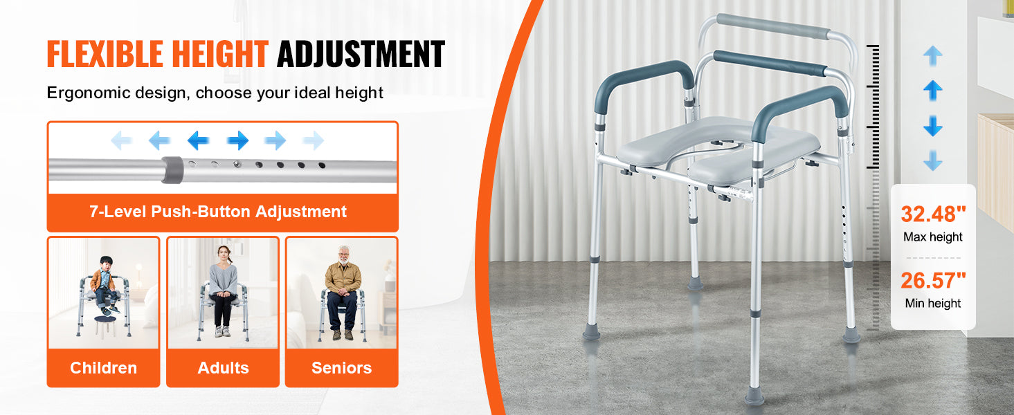 This Commode Chair, Bedside Commode with Padded Seat and Arms, 7-Level Adjustable Height, 5.8L Removable Bucket, Easy to Assemble, 350 LBS Capacity, Raised Toilet Seat for Adults Seniors