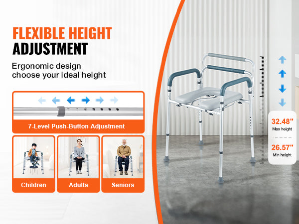 This Commode Chair, Bedside Commode with Padded Seat and Arms, 7-Level Adjustable Height, 5.8L Removable Bucket, Easy to Assemble, 350 LBS Capacity, Raised Toilet Seat for Adults Seniors