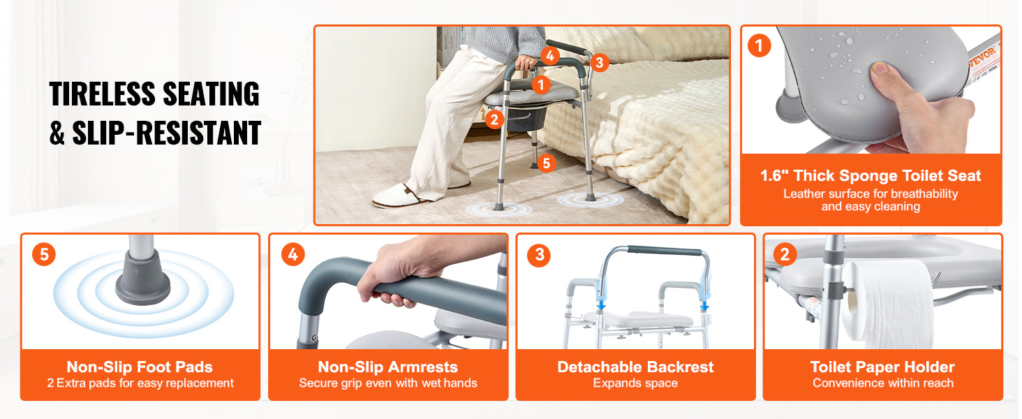 This Commode Chair, Bedside Commode with Padded Seat and Arms, 7-Level Adjustable Height, 5.8L Removable Bucket, Easy to Assemble, 350 LBS Capacity, Raised Toilet Seat for Adults Seniors