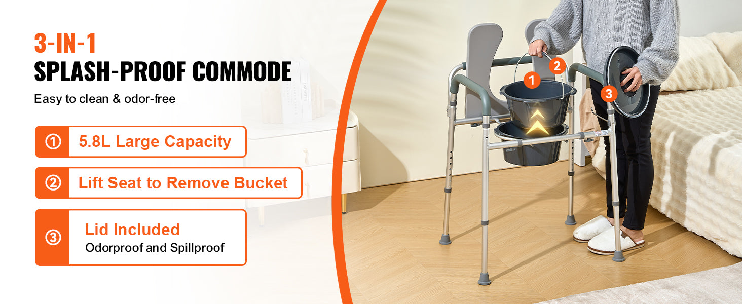 This Commode Chair, Bedside Commode with Padded Seat and Arms, 7-Level Adjustable Height, 5.8L Removable Bucket, Easy to Assemble, 350 LBS Capacity, Raised Toilet Seat for Adults Seniors