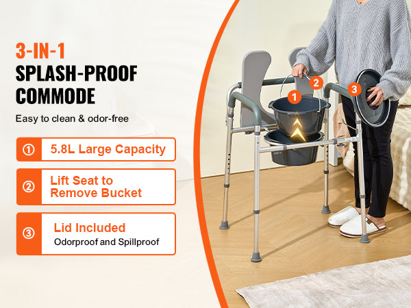 This Commode Chair, Bedside Commode with Padded Seat and Arms, 7-Level Adjustable Height, 5.8L Removable Bucket, Easy to Assemble, 350 LBS Capacity, Raised Toilet Seat for Adults Seniors