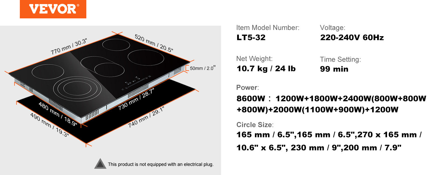 This Built in Electric Stove Top, 30.3 x 20.5 inch 5 Burners, 240V Glass Radiant Cooktop with Sensor Touch Control, Timer & Child Lock Included, 9 Power Levels for Simmer Steam Slow Cook Fry