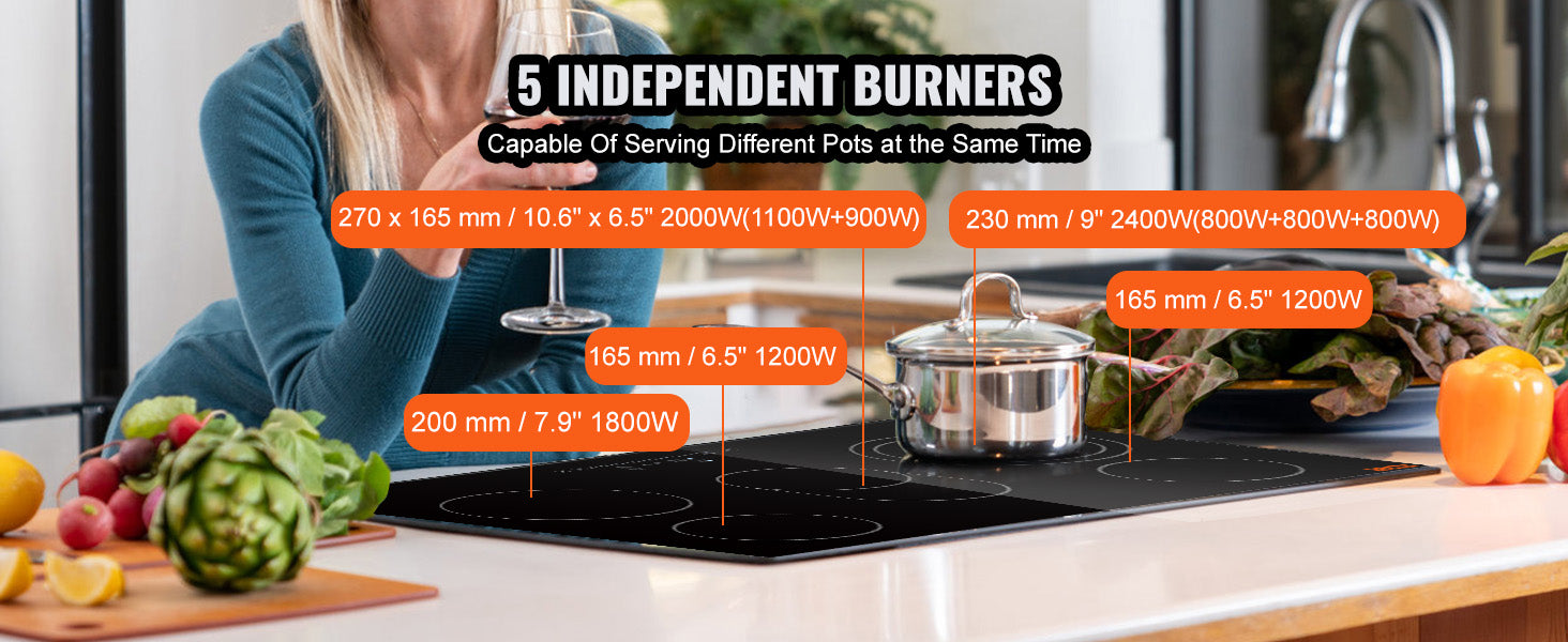 This Built in Electric Stove Top, 30.3 x 20.5 inch 5 Burners, 240V Glass Radiant Cooktop with Sensor Touch Control, Timer & Child Lock Included, 9 Power Levels for Simmer Steam Slow Cook Fry