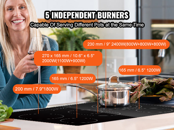 This Built in Electric Stove Top, 30.3 x 20.5 inch 5 Burners, 240V Glass Radiant Cooktop with Sensor Touch Control, Timer & Child Lock Included, 9 Power Levels for Simmer Steam Slow Cook Fry