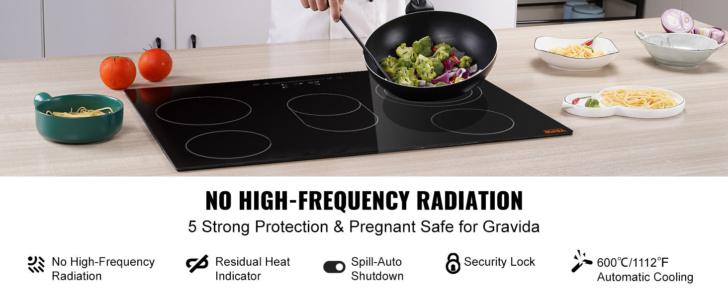 This Built in Electric Stove Top, 30.3 x 20.5 inch 5 Burners, 240V Glass Radiant Cooktop with Sensor Touch Control, Timer & Child Lock Included, 9 Power Levels for Simmer Steam Slow Cook Fry