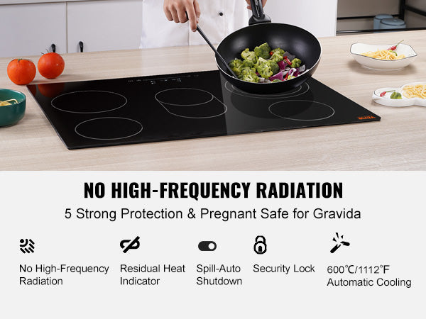 This Built in Electric Stove Top, 30.3 x 20.5 inch 5 Burners, 240V Glass Radiant Cooktop with Sensor Touch Control, Timer & Child Lock Included, 9 Power Levels for Simmer Steam Slow Cook Fry