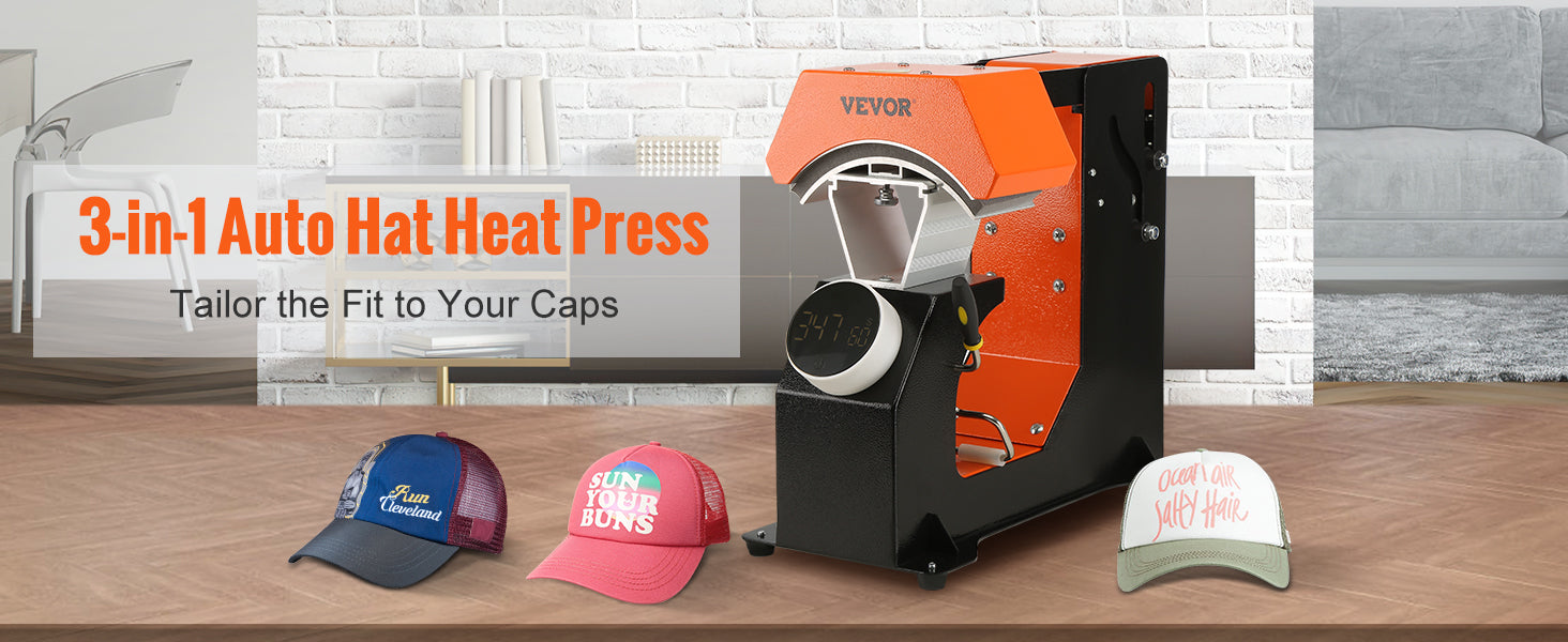 This 3-in-1 Auto Hat Heat Press with 3pcs Interchangeable Platens(6.6