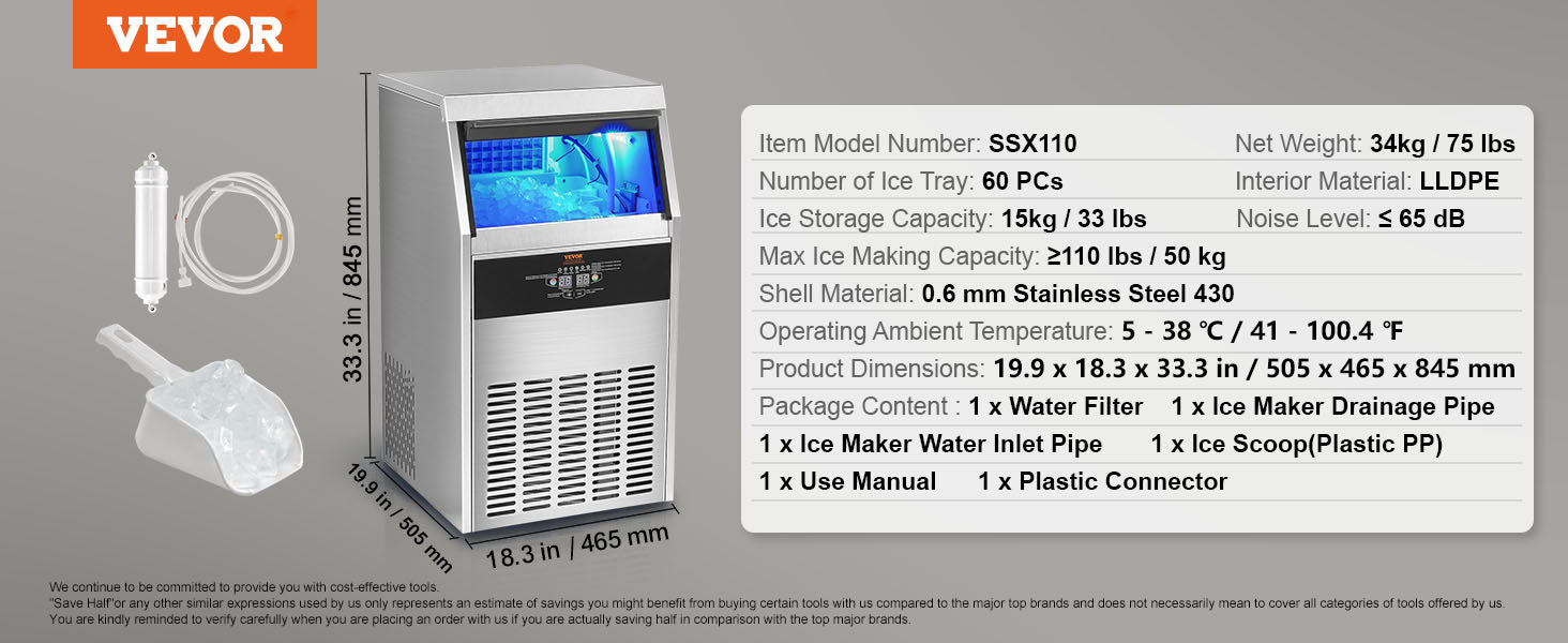 This Commercial Ice Maker, 110lbs/24H, Ice Maker Machine, 60 Ice Cubes in 12-15 Minutes, Freestanding Cabinet Ice Maker with 33lbs Storage Capacity LED Digital Display, for Bar Home Office Restaurant