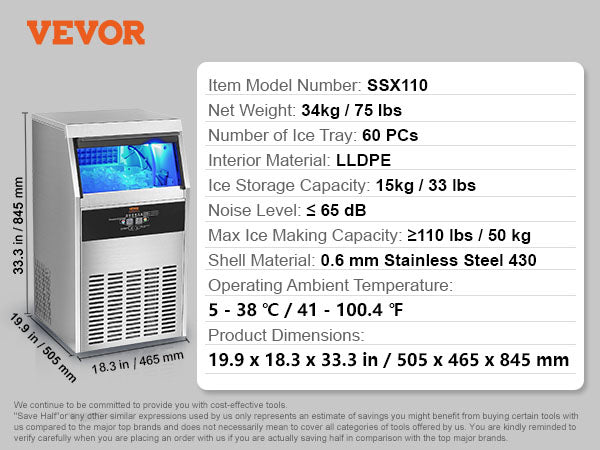 This Commercial Ice Maker, 110lbs/24H, Ice Maker Machine, 60 Ice Cubes in 12-15 Minutes, Freestanding Cabinet Ice Maker with 33lbs Storage Capacity LED Digital Display, for Bar Home Office Restaurant