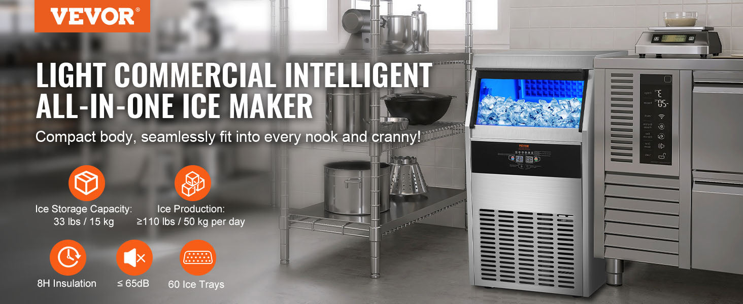 This Commercial Ice Maker, 110lbs/24H, Ice Maker Machine, 60 Ice Cubes in 12-15 Minutes, Freestanding Cabinet Ice Maker with 33lbs Storage Capacity LED Digital Display, for Bar Home Office Restaurant