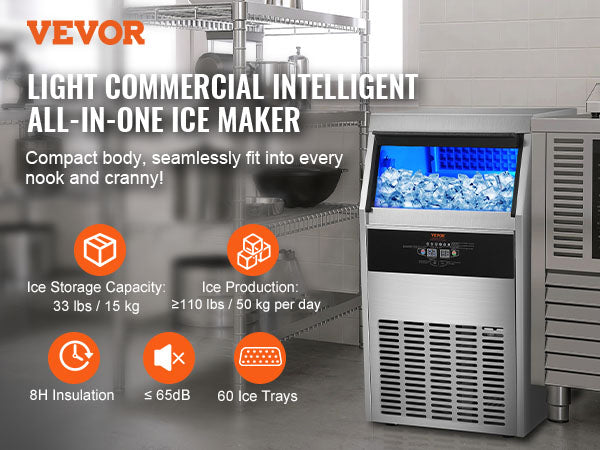 This Commercial Ice Maker, 110lbs/24H, Ice Maker Machine, 60 Ice Cubes in 12-15 Minutes, Freestanding Cabinet Ice Maker with 33lbs Storage Capacity LED Digital Display, for Bar Home Office Restaurant