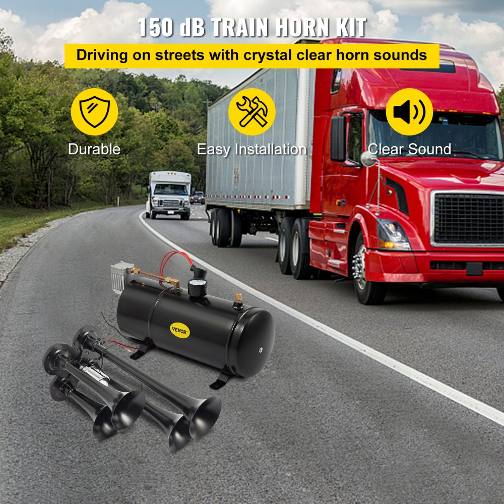 ODDTOOLS 150DB Train Horns Kit for Trucks Super Loud with 120 PSI 12V Air Compressor 4 Trumpet Air Horn Compressor Tank For Any Vehicle Trucks Car Jeep Or SUV (Black) 0.8 Gal/3L