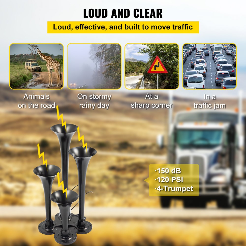 ODDTOOLS 150DB Train Horns Kit for Trucks Super Loud with 120 PSI 12V Air Compressor 4 Trumpet Air Horn Compressor Tank For Any Vehicle Trucks Car Jeep Or SUV (Black) 0.8 Gal/3L
