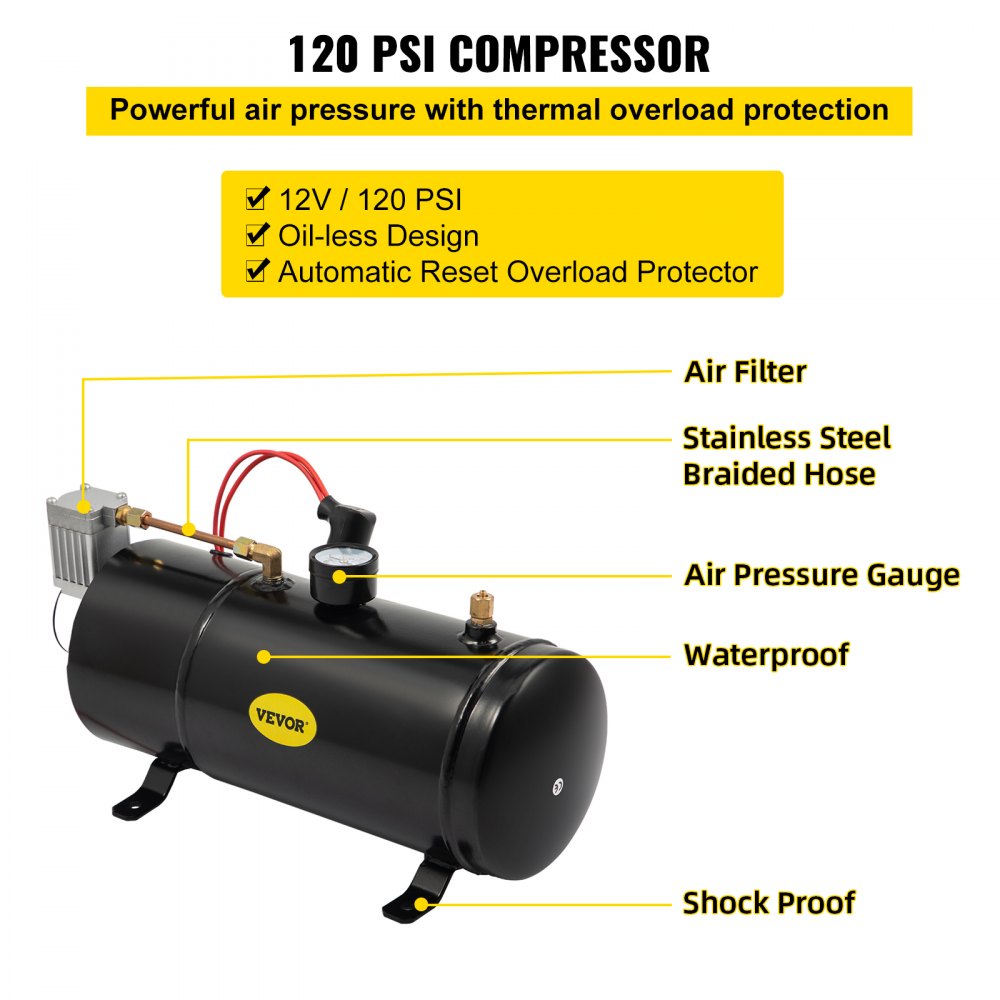 ODDTOOLS 150DB Train Horns Kit for Trucks Super Loud with 120 PSI 12V Air Compressor 4 Trumpet Air Horn Compressor Tank For Any Vehicle Trucks Car Jeep Or SUV (Black) 0.8 Gal/3L