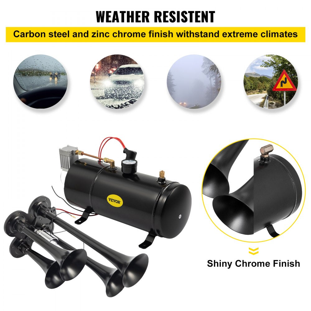 ODDTOOLS 150DB Train Horns Kit for Trucks Super Loud with 120 PSI 12V Air Compressor 4 Trumpet Air Horn Compressor Tank For Any Vehicle Trucks Car Jeep Or SUV (Black) 0.8 Gal/3L