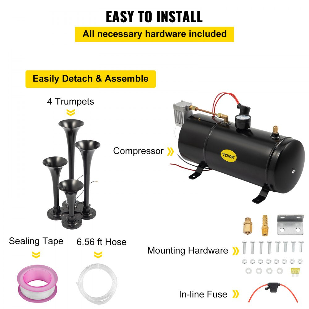 ODDTOOLS 150DB Train Horns Kit for Trucks Super Loud with 120 PSI 12V Air Compressor 4 Trumpet Air Horn Compressor Tank For Any Vehicle Trucks Car Jeep Or SUV (Black) 0.8 Gal/3L