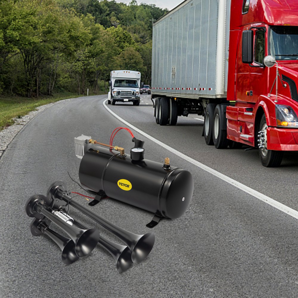 ODDTOOLS 150DB Train Horns Kit for Trucks Super Loud with 120 PSI 12V Air Compressor 4 Trumpet Air Horn Compressor Tank For Any Vehicle Trucks Car Jeep Or SUV (Black) 0.8 Gal/3L