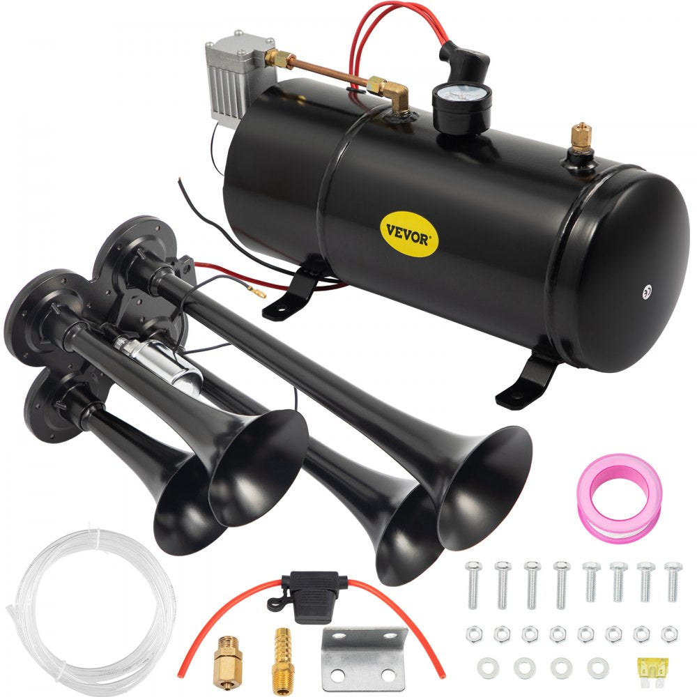 ODDTOOLS 150DB Train Horns Kit for Trucks Super Loud with 120 PSI 12V Air Compressor 4 Trumpet Air Horn Compressor Tank For Any Vehicle Trucks Car Jeep Or SUV (Black) 0.8 Gal/3L