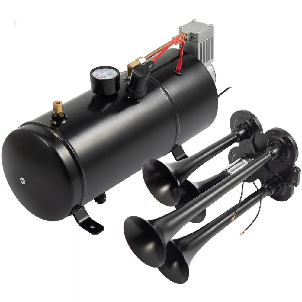 ODDTOOLS 150DB Train Horns Kit for Trucks Super Loud with 120 PSI 12V Air Compressor 4 Trumpet Air Horn Compressor Tank For Any Vehicle Trucks Car Jeep Or SUV (Black) 0.8 Gal/3L